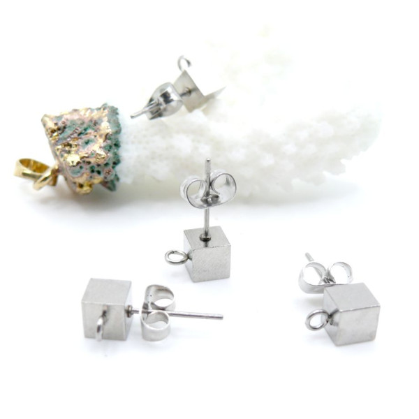 Boucles d'oreilles Puces Cube 5mm avec attache – Acier Inoxydable 304 Argenté