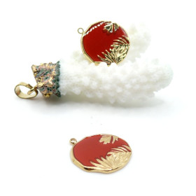 Pendentif Médaillon Feuille Résine Émaillée Rouge – Acier Inoxydable 304 Doré 14K PVD