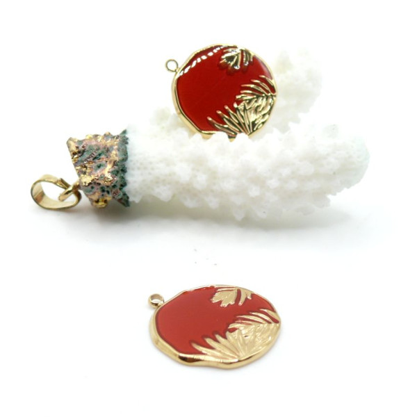 Pendentif Médaillon Feuille Résine Émaillée Rouge – Acier Inoxydable 304 Doré 14K PVD