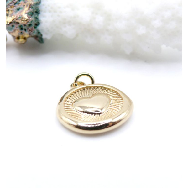 PS11908254 – Lot de 1 Pendentif Médaillon Coeur et Pattes de Chien Biface 13.5mm – Cuivre Doré 18KT