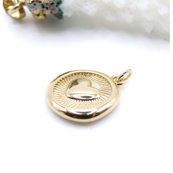 PS11908254 – Lot de 1 Pendentif Médaillon Coeur et Pattes de Chien Biface 13.5mm – Cuivre Doré 18KT