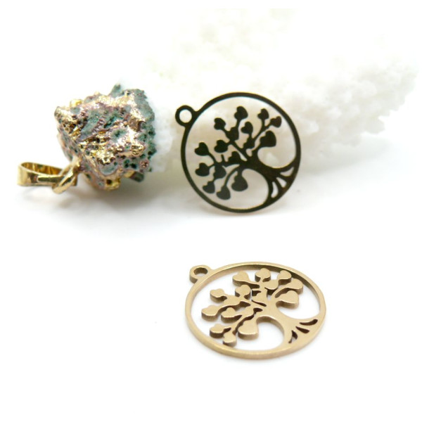 Pendentifs Arbre dans cercle 16mm – Acier Inoxydable 304 Doré