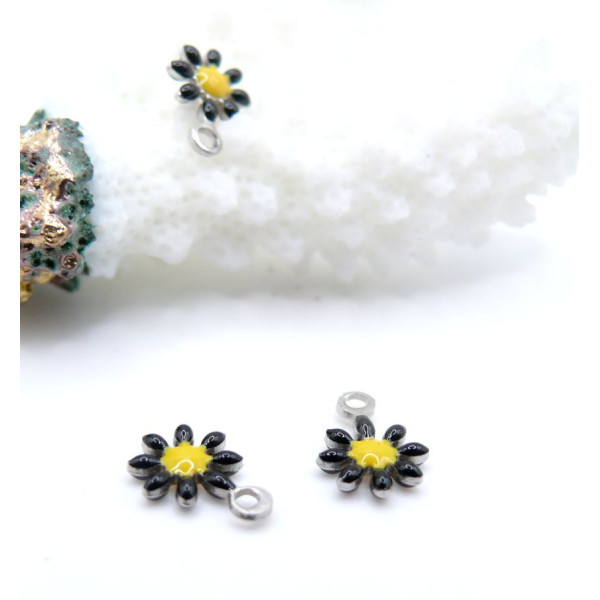 Pendentifs Fleur Marguerite Résine Émaillée  NOIR 7mm – Acier Inoxydable 304 Argenté