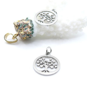 Pendentifs avec anneau Médaillon Arbre à Cœur 17mm, Acier Inoxydable Argenté