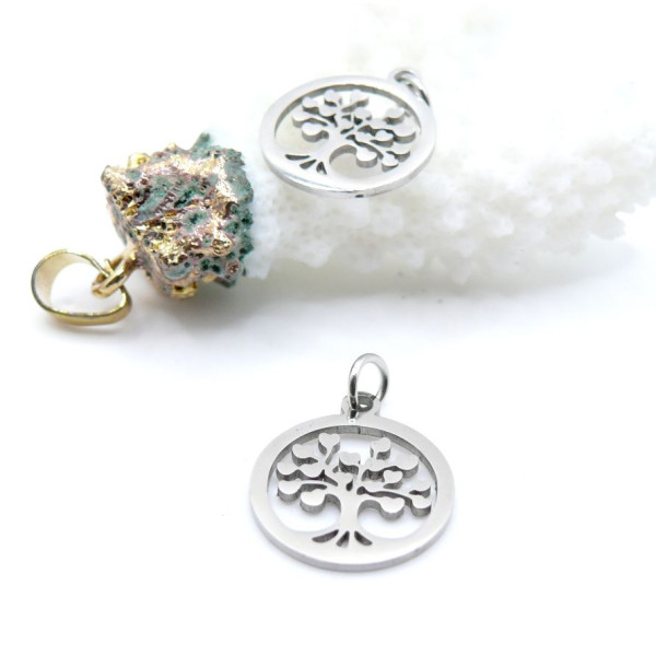 Pendentifs avec anneau Médaillon Arbre à Cœur 17mm, Acier Inoxydable Argenté