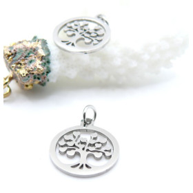 Pendentifs avec anneau Médaillon Arbre à Cœur 17mm, Acier Inoxydable Argenté