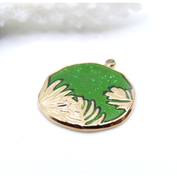 Pendentif Médaillon Feuille Résine Émaillée VERTE – Acier Inoxydable 304 Doré 14K PVD