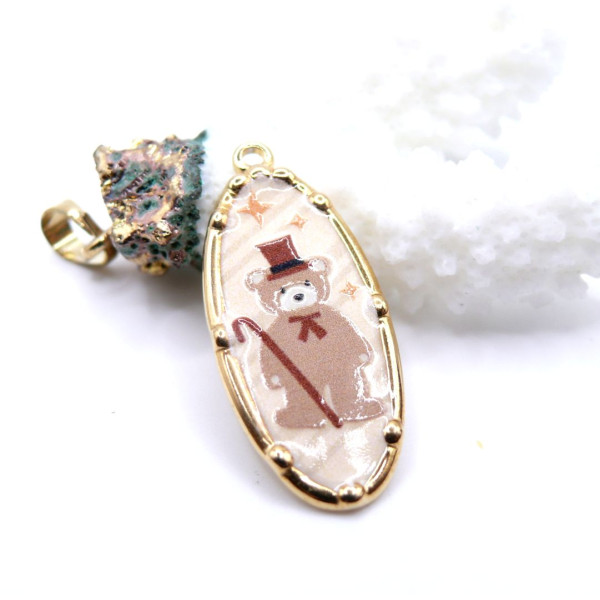 Pendentif Ovale avec Ourson 34 mm – Acier Inoxydable 304 Doré à l’Or Fin 18K PVD