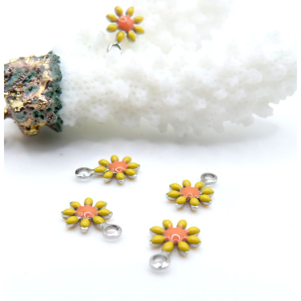 Pendentifs Fleur Marguerite Résine Émaillée JAUNE 7mm – Acier Inoxydable 304 Argenté