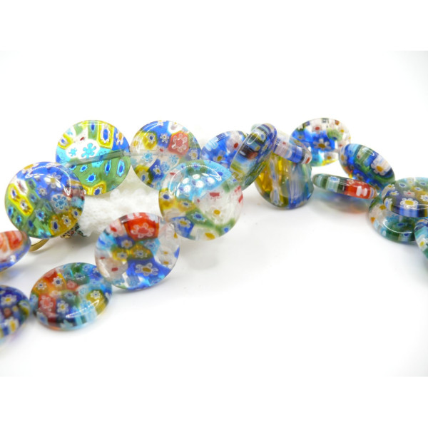 REFA – Lot de 10 Perles Rondes Plates 16 x 4.5 mm – Verre Millefiori Multicolores (coloris aléatoire)