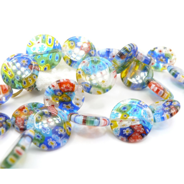 REFH – Lot de 4 Perles Rondes Plates 20 x 4.5 mm – Verre Millefiori Multicolores