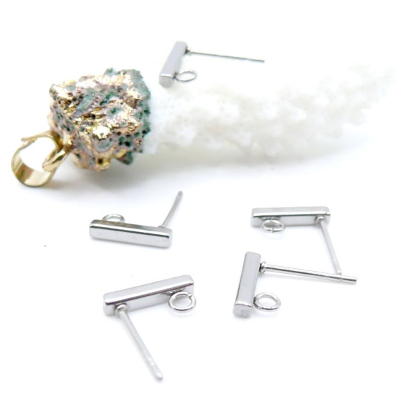 Boucles d’Oreilles Puces Tige Rectangle 10 mm avec anneau – Acier Inox 304 – Argenté