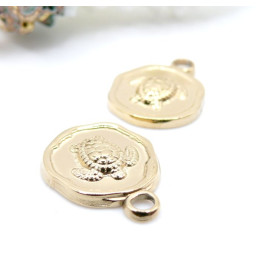 Pendentif Tortue dans médaillon 16 mm , Acier Inox 304  Doré à l’Or fin 18K, IONIQUE