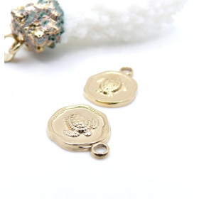Pendentif Tortue dans médaillon 16 mm , Acier Inox 304  Doré à l’Or fin 18K, IONIQUE