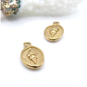 Pendentifs Coquillage dans médaillon Ovale 16.5 mm – Acier Inox 304 – Doré à l’Or fin 18K, placage IONIQUE (IP)