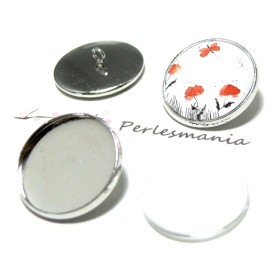 4 pièces : 2 Supports de boutons à coudre 18mm argent platine et 2 cabochons en verre 18mm