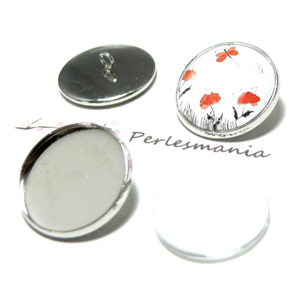 Supports de boutons à coudre 20mm argent platine et 2 cabochons en verre 20mm