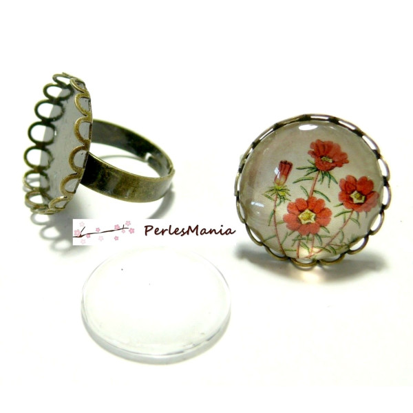 REF B19282 – Lot de 2 Bagues Vague 20mm Bronze pour Cabochon + 2 Cabochons Verre 20mm