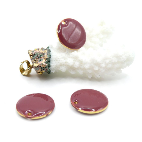 Sequins Ronds Résine Émaillée Rouge Bordeaux 16 mm – Base Métal Doré