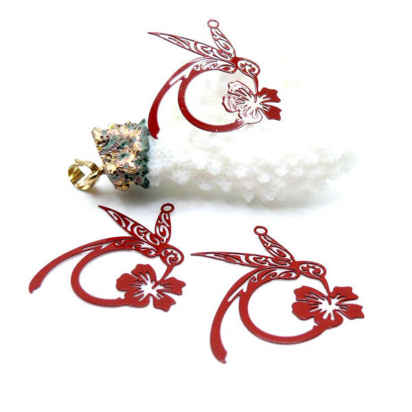 Estampes Pendentifs Filigrane Colibri & Fleur 27 mm – Métal – Finition ROUGE
