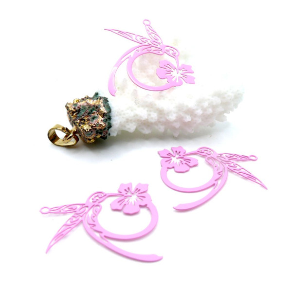 Estampes Pendentifs Filigrane Colibri & Fleur 27 mm – Métal – Finition ROSE