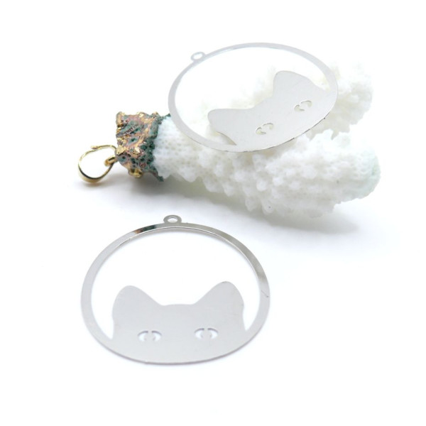 Estampes, pendentifs Chat 38mm – Métal Argenté
