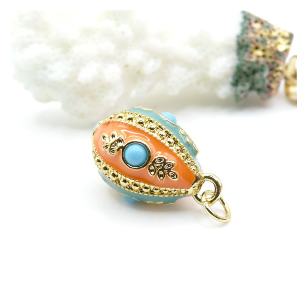 Pendentif Oeuf Résine Émaillée  et strass 24mm – Laiton Doré à l’Or Fin 18K
