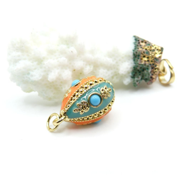 Pendentif Oeuf Résine Émaillée  et strass 24mm – Laiton Doré à l’Or Fin 18K