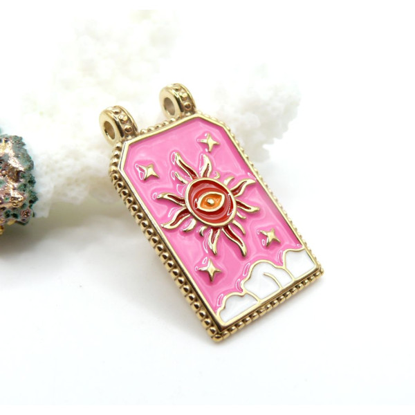 Pendentif Rectangle 30 mm avec Soleil en Résine Émaillée – Acier Inox 304 – Doré à l’Or fin 18K, placage IONIQUE (IP)