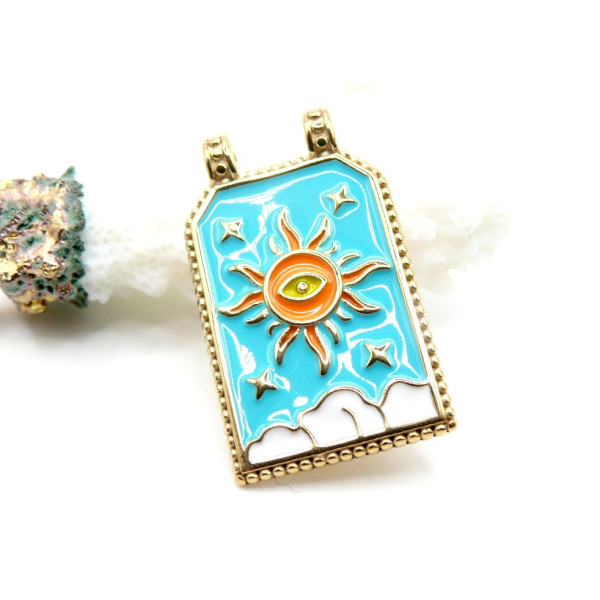 Pendentif Rectangle 30 mm avec Soleil en Résine Émaillée – Acier Inox 304 – Doré à l’Or fin 18K, placage IONIQUE (IP)