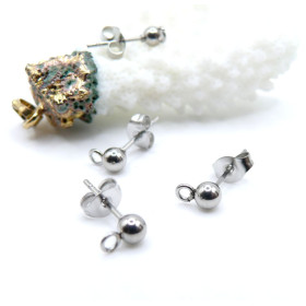 PS11928284BIS – Lot de 10 ou  Boucles d’Oreilles Puces Bille rondes 4mm avec anneau d'attache  – Acier Inox 304 – Argenté