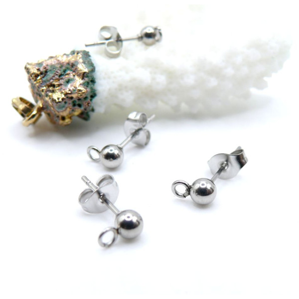 PS11928284BIS – Lot de 10 ou  Boucles d’Oreilles Puces Bille rondes 4mm avec anneau d'attache  – Acier Inox 304 – Argenté