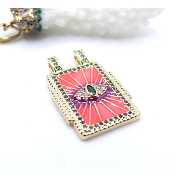Pendentif Rectangle 40 mm Amulette Œil de Protection en Résine Émaillée – Laiton – Doré à l’Or fin 18K