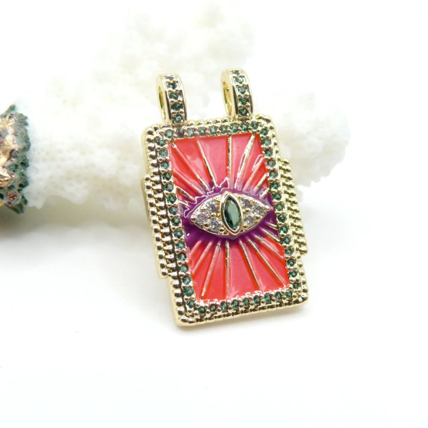 Pendentif Rectangle 28 mm Amulette Œil de Protection en Résine Émaillée – Laiton – Doré à l’Or fin 18K