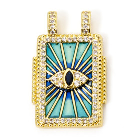 Pendentif Rectangle 28 mm Amulette Œil de Protection en Résine Émaillée – Laiton – Doré à l’Or fin 18K