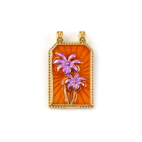 Pendentif Rectangle 30 mm avec Palmier en Résine Émaillée – Acier Inox 304 – Doré à l’Or fin 18K, placage IONIQUE (IP)