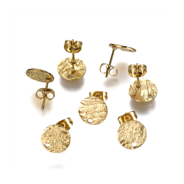 Boucles d'oreilles Puces Rond Martelé 12mm avec trou – Acier Inoxydable 304 Doré Placage Ionique