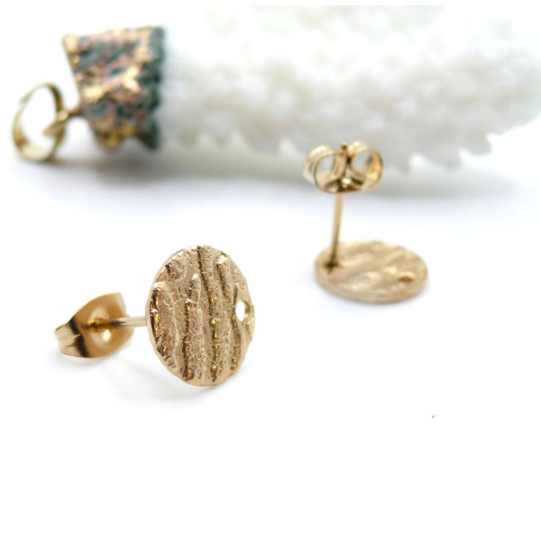 Boucles d'oreilles Puces Rond Martelé 12mm avec trou – Acier Inoxydable 304 Doré Placage Ionique