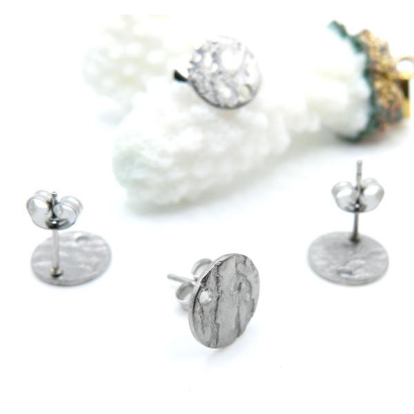 Boucles d'oreilles Puces Rond Martelé 10mm avec trou – Acier Inoxydable 304 Argenté