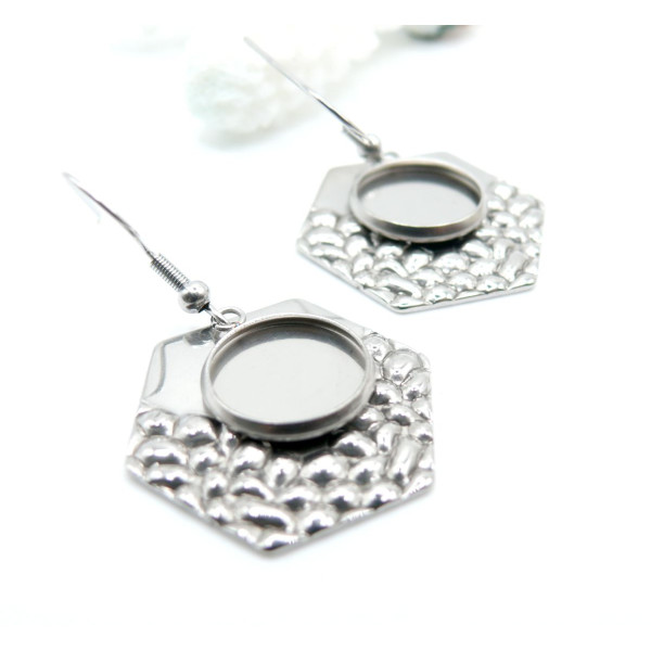 Supports de Boucles d’oreilles Hexagone martelé 12 mm – Acier Inoxydable 304 Argenté