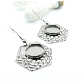 Supports de Boucles d’oreilles Hexagone martelé 12 mm – Acier Inoxydable 304 Argenté