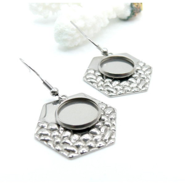 Supports de Boucles d’oreilles Hexagone martelé 12 mm – Acier Inoxydable 304 Argenté