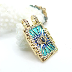 Pendentif Rectangle 28 mm Amulette Œil de Protection en Résine Émaillée – Laiton – Doré à l’Or fin 18K