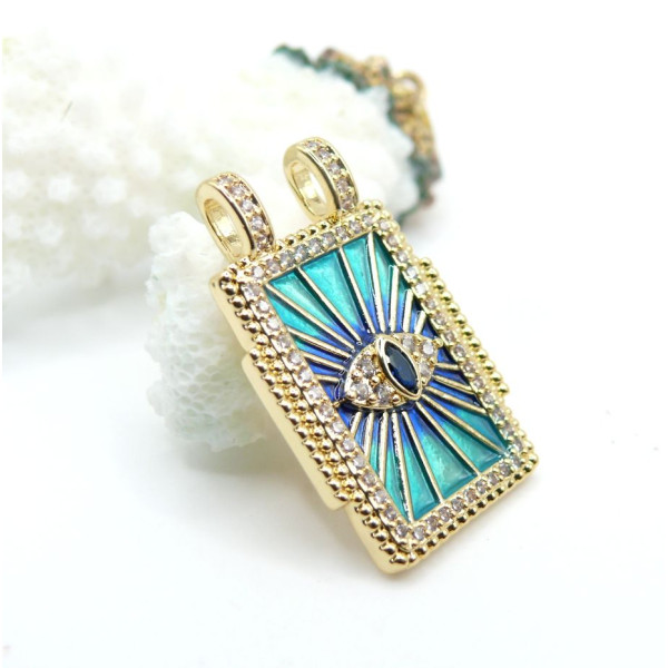 Pendentif Rectangle 28 mm Amulette Œil de Protection en Résine Émaillée – Laiton – Doré à l’Or fin 18K
