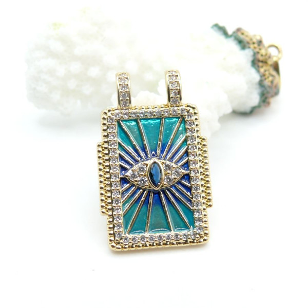 Pendentif Rectangle 28 mm Amulette Œil de Protection en Résine Émaillée – Laiton – Doré à l’Or fin 18K