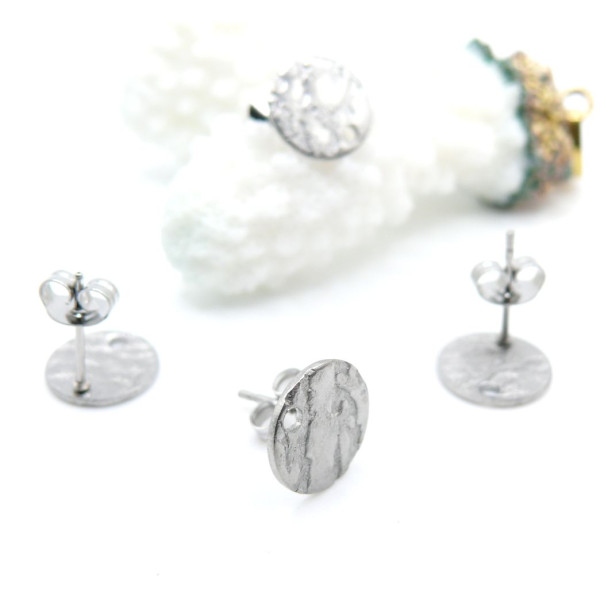 Boucles d'oreilles Puces Rond Martelé 12mm avec trou – Acier Inoxydable 304 Argenté