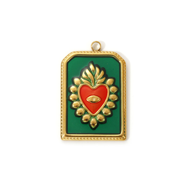 Pendentif  Rectangle avec Cœur Ex-Voto Émaillé 28 mm – Laiton Doré à l’Or Fin 18K