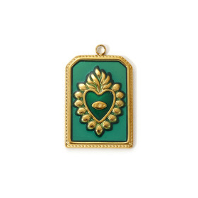 Pendentif  Rectangle avec Cœur Ex-Voto Émaillé 28 mm – Laiton Doré à l’Or Fin 18K