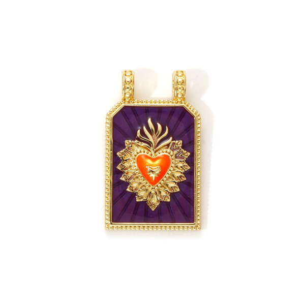 Pendentif Double Anneau Rectangle avec Cœur Ex-Voto Émaillé 29 mm – Laiton Doré à l’Or Fin 18K