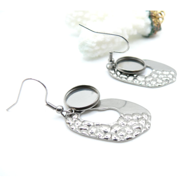 Supports de Boucles d’oreilles Forme Géométrique martelé 12 mm – Acier Inoxydable 304 Argenté